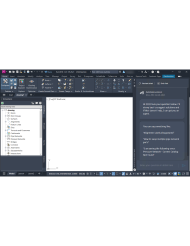 Civil 3D 2024 con cinta (Project Explorer, Grading Optimization), Prospector y Autodesk Assistant