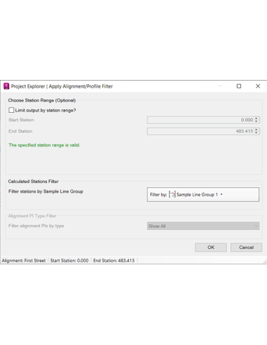 Cuadro de filtro de alineación y perfil de Project Explorer en Civil 3D 2025