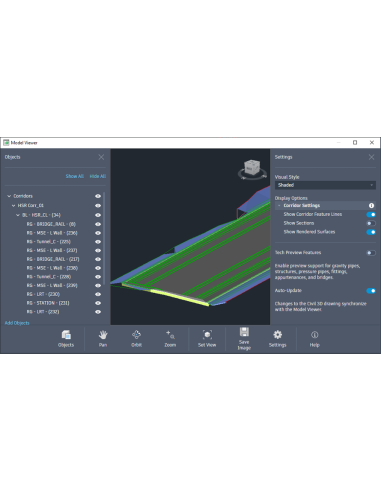 Visor Model Viewer de Civil 3D 2026 con corredor 3D y opciones de visualización