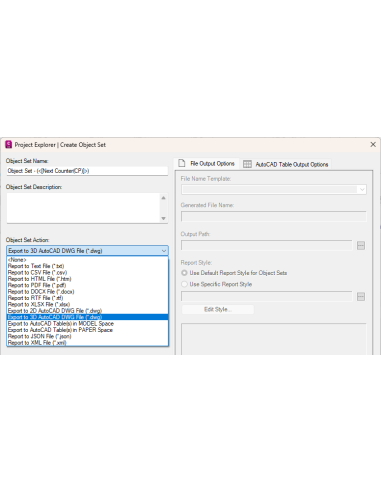 Civil 3D 2026: Cuadro Create Object Set de Project Explorer con salidas a DWG, PDF, CSV o XLSX