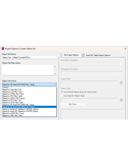 Civil 3D 2026: Cuadro Create Object Set de Project Explorer con salidas a DWG, PDF, CSV o XLSX