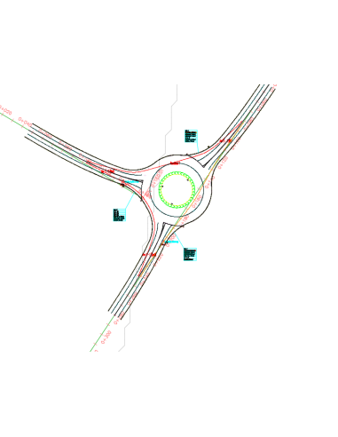 Rotonda de tres ramales diseñada con Vehicle Tracking, con trayectorias y etiquetas