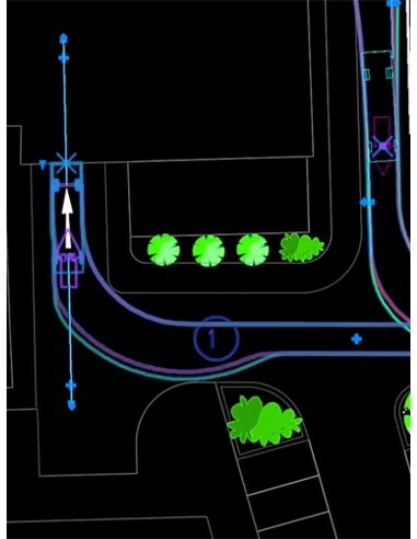 Vehicle Tracking 2027: Envolvente de giro de un vehículo sobre un plano de calles y aparcamientos