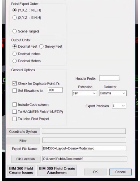 Cuadro de exportación de puntos de Point Layout con orden, unidades y formatos de estación total