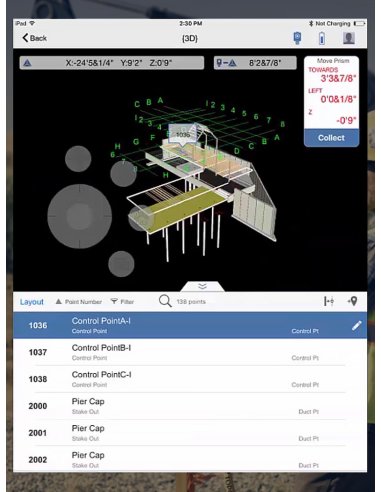 Aplicación de tableta de Point Layout con modelo 3D, puntos de replanteo y control de prisma