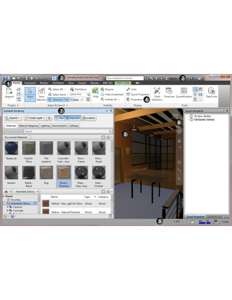 Interfaz de Navisworks 2022 con cinta, ventana de render y puntos de vista guardados