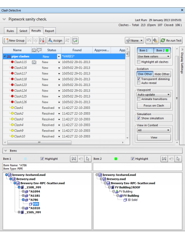 Pestaña de resultados de Clash Detective con interferencias nuevas y resueltas en Navisworks 2022