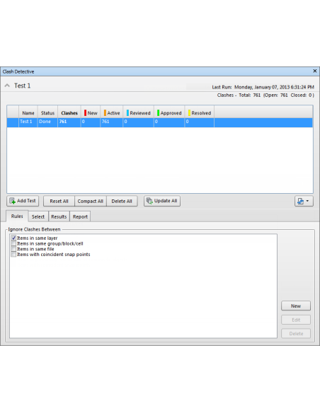 Ventana Clash Detective de Navisworks con una prueba de interferencias y sus reglas