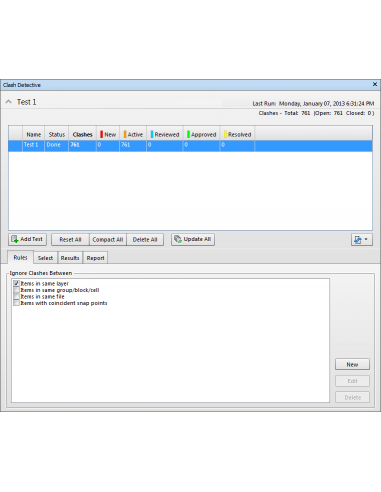 Ventana Clash Detective de Navisworks con una prueba de interferencias y sus reglas