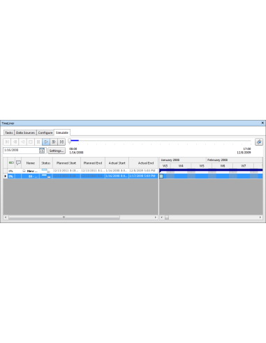 Navisworks Manage 2025: Pestaña Simulate de TimeLiner con barra de reproducción y tareas con fechas planificadas y reales