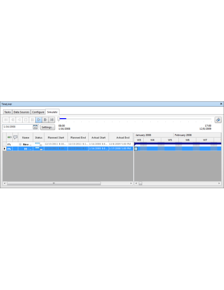 Navisworks Manage 2026: Pestaña Simulate de TimeLiner con barra de reproducción y tareas con fechas planificadas y reales