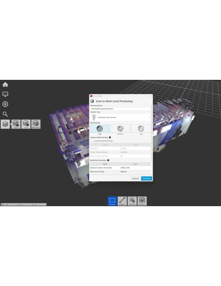 Cuadro Scan to Mesh Local Processing con densidad de malla sobre un escaneo en ReCap Pro 2026