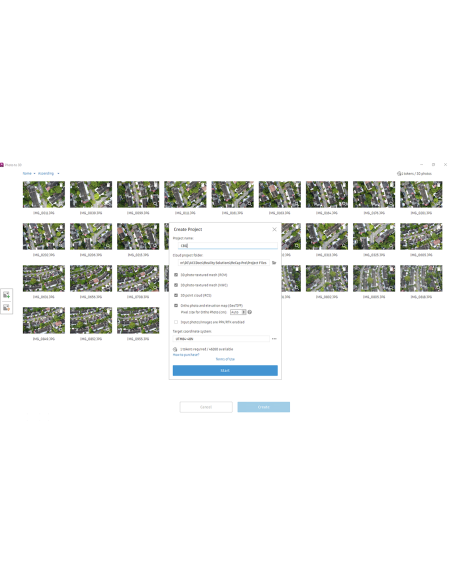 Cuadro Create Project de Photo to 3D con 30 fotos aéreas y opciones de salida en ReCap Pro 2026