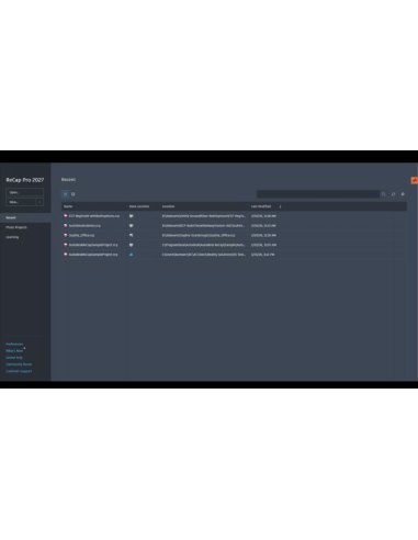 Pantalla de inicio de ReCap Pro 2027 con la lista de proyectos recientes