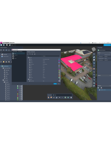 Editor de mallas de ReCap Pro 2027 con gestor de plantillas, modelo de un edificio y capas